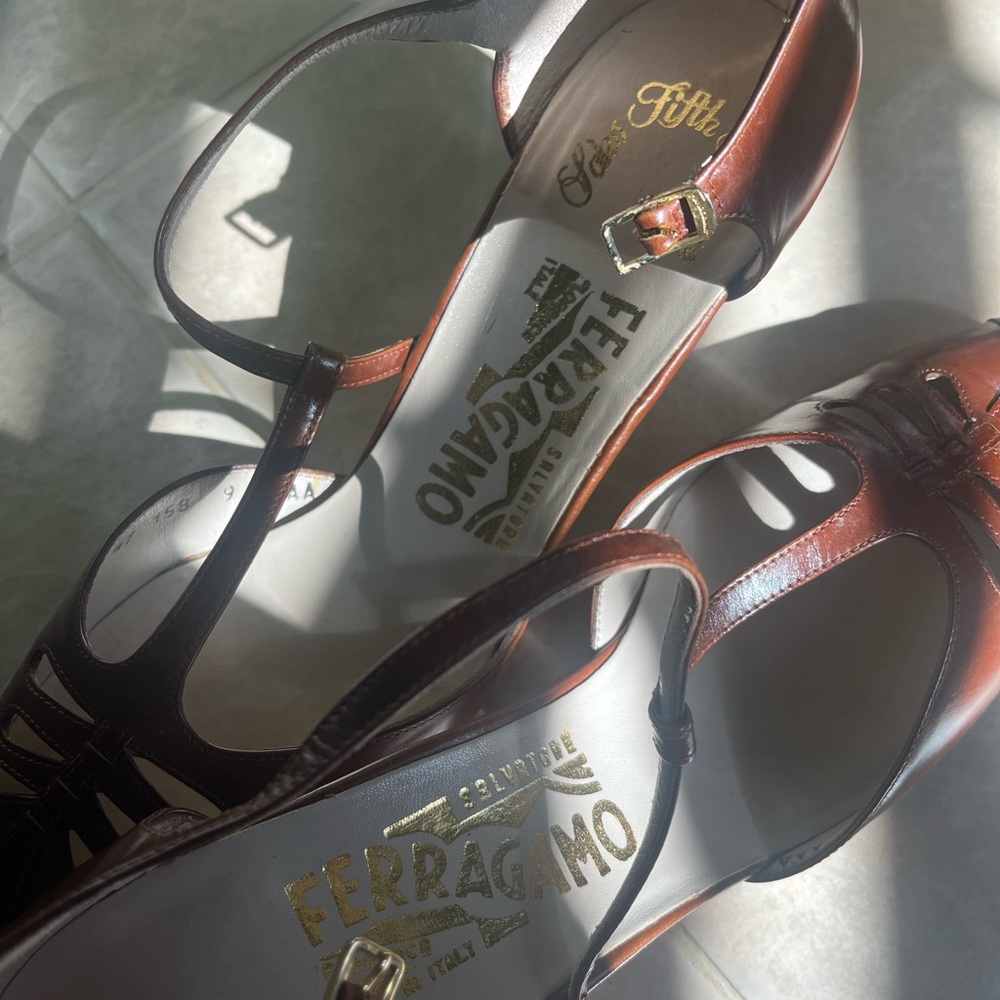 Salvatore Ferragamo Brown Leather T-Strap Heels - Picture 5 of 10